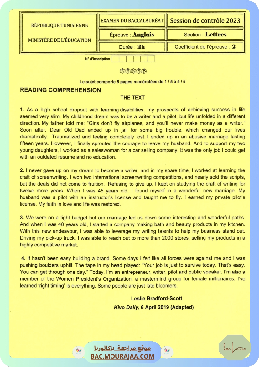 Sujet controle anglais Bac 2023 – Section lettre